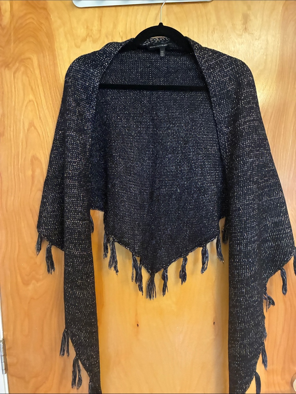 White House Black Market Navy and Metallic Fringe Open-Front Wrap